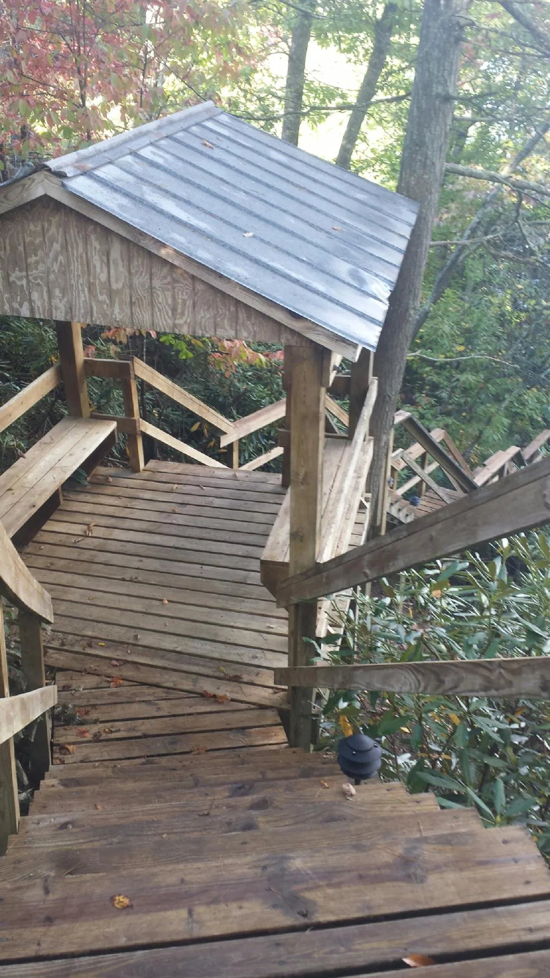Metal roofed shelter over wooden steps on a wooded walkway — Skylight Repair & Installation work by our crew in Dewey